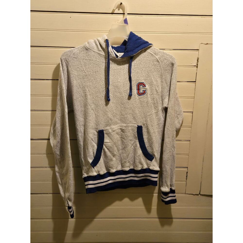 Hoodie Mens M Gray Blue Pullover Terry Fleece Kangaroo C Patch Drawstring Stripe